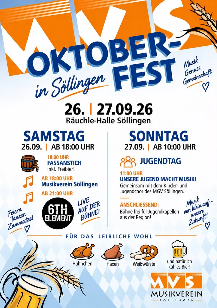 Plakat zum Oktoberfest des Musikvereins Söllingen am 26. und 27. September 2026 in der Räuchle-Halle: Samstag ab 18 Uhr Fassanstich, Musikverein und 6th Element live, Sonntag ab 10 Uhr Jugendtag